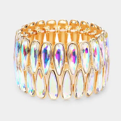Fashnzfab 2rows Elongated Teardrop Stone Cluster Stretch Evening Bracelet Ab, Gold In Multi