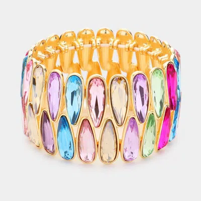 Fashnzfab 2rows Elongated Teardrop Stone Cluster Stretch Evening Bracelet Gold, Multi