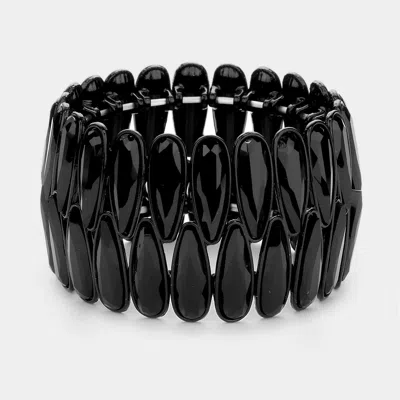 Fashnzfab 2rows Elongated Teardrop Stone Cluster Stretch Evening Bracelet Jet Black