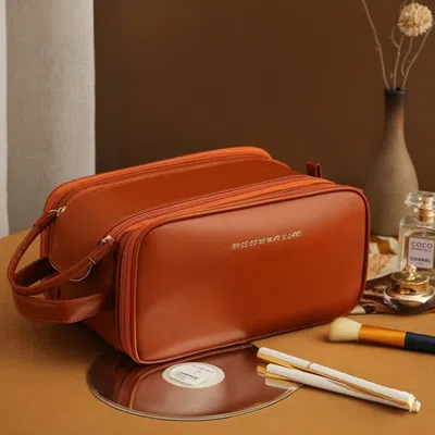 Fashnzfab 3 Layer Portable Travel Makeup Pouch Bag In Brown