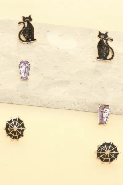 Fashnzfab 3-pack Halloween Themed Enamel Post Earrings In Gold