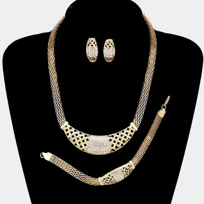 Fashnzfab 3-pcs Crystal Rhinestone Pave Metal Mesh Necklace Jewelry Set In Gold