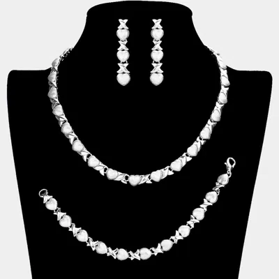 Fashnzfab 3-pcs Heart Rhinestone Necklace Jewelry Set In Metallic