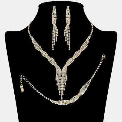 Fashnzfab 3-pcs Rhinestone Fringe Necklace Jewelry Set In Gold