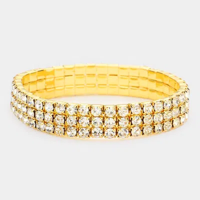 Fashnzfab 3-row Rhinestone Stretch Bracelet Clear, Gold