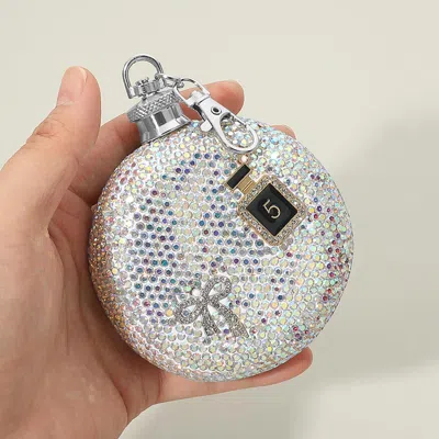 Fashnzfab 30oz Bling Studded Bow Number 5 Portable Round Mini Flask Bag Charm Keychain In Silver