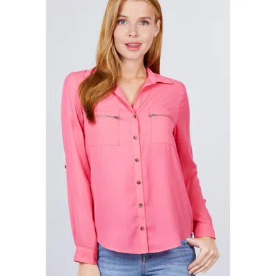 Fashnzfab 3/4 Roll Up Sleeve Pocket W/zipper Detail Woven Blouse In Pink