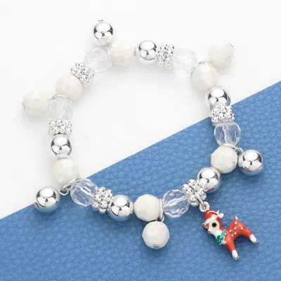 Fashnzfab 3d Enamel Metal Santa Hat Rudolph Charm Beaded Stretch Bracelet White