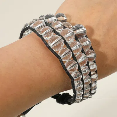 Fashnzfab 3-line Glass Bead Adjustable Bracelet Black, Clear, Rhodium In Silver