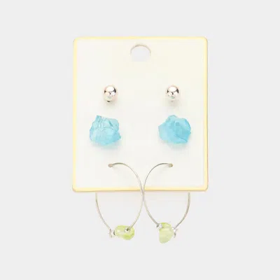 Fashnzfab 3pairs - Ab Aurora Borealis Natural Stone Earrings Set - Beige, Blue, Rhodium
