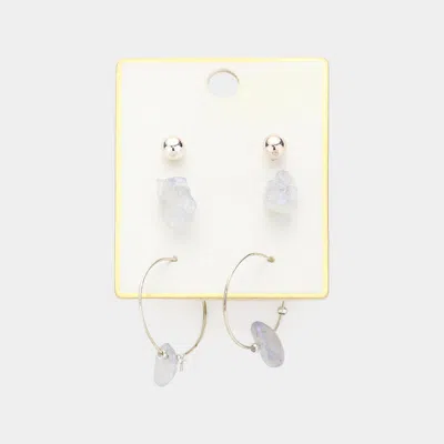 Fashnzfab 3pairs - Ab Aurora Borealis Natural Stone Earrings Set - Gray, Rhodium In Silver