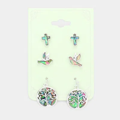 Fashnzfab 3pairs - Abalone Tree Of Life Stud Dangle Earrings - Abalone, Silver In Multi
