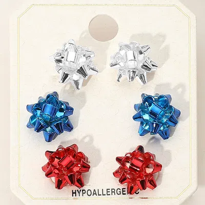 Fashnzfab 3pairs - American Usa Metal Mini Gift Bow Stud Earring Set In Multi
