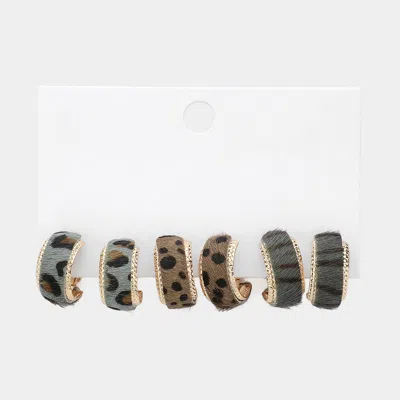Fashnzfab 3pairs - Animal Pattern Genuine Leather Half Hoop Earrings - Gray In Brown