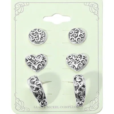 Fashnzfab 3pairs - Antique Metal Disc Heart Hoop Earring Set - Antique Silver