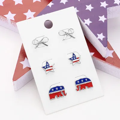 Fashnzfab 3pairs - Bow American Usa Star Republican Elephant Stud Earring Set - Multi, Rhodium