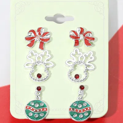 Fashnzfab 3pairs - Bow Reindeer Holiday Ornament Earring Set In Multi