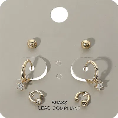 Fashnzfab 3pairs - Brass Metal Ball Stud Rhinestone Dangle Earrings In Gold