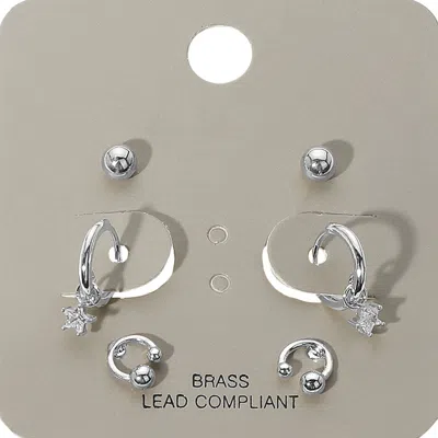 Fashnzfab 3pairs - Brass Metal Ball Stud Rhinestone Dangle Earrings In Multi