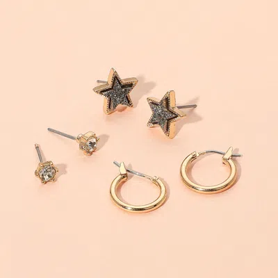 Fashnzfab 3pairs - Brass Metal Round Stone Druzy Star Hoop Earring Set In Gold