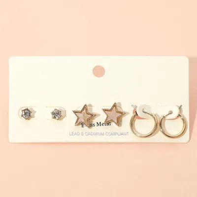 Fashnzfab 3pairs - Brass Metal Round Stone Druzy Star Hoop Earring Set In Gold