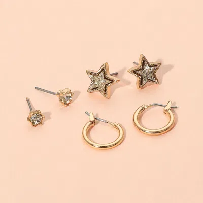 Fashnzfab 3pairs - Brass Metal Round Stone Druzy Star Hoop Earring Set In Multi
