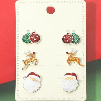 Fashnzfab 3pairs - Christmas Enamel Ornament Reindeer Santa Stud Earring Set In Multi