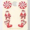Fashnzfab 3pairs - Christmas Peppermint Santa Socks Stud Earring Set In Red