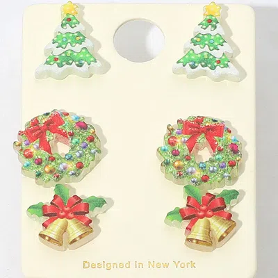 Fashnzfab 3pairs - Christmas Tree Wreath Bell Stud Earring Set In Green