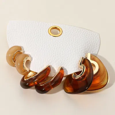 Fashnzfab 3pairs - Chunky Resin Abstract Hoop Earring Set - Brown, Gold