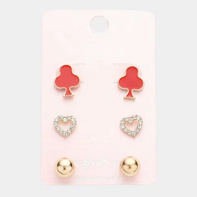 Fashnzfab 3pairs - Clover Crystal Heart Metal Ball Stud Earrings In Red