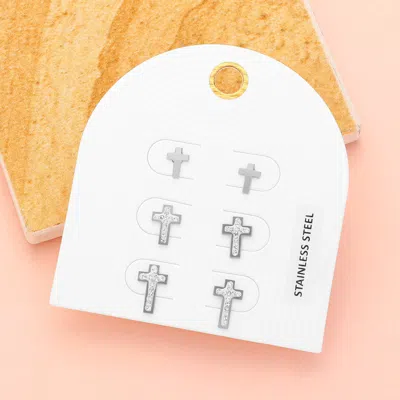 Fashnzfab 3pairs - Cross Stud Earring Set - Silver