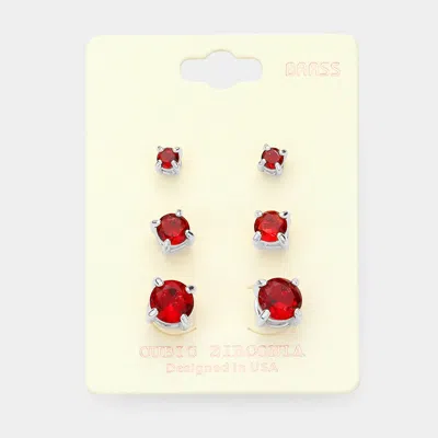Fashnzfab 3pairs - Cz Cubic Zirconia Round Stud Earrings In Red