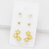 Fashnzfab 3pairs - Cz Round Metal Ball Enamel Triple Star Stud Earrings In Multi