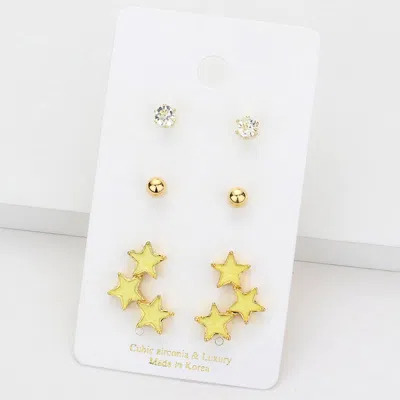 Fashnzfab 3pairs - Cz Round Metal Ball Enamel Triple Star Stud Earrings In Multi