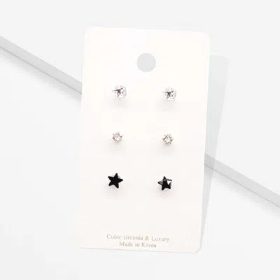 Fashnzfab 3pairs - Cz Star Round Stud Earrings In Black