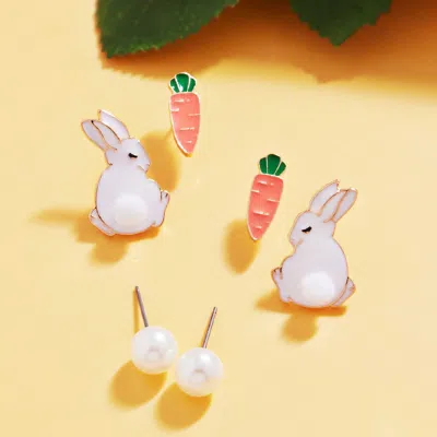 Fashnzfab 3pairs - Easter Bunny Carrot Pearl Stud Earrings Set In Multi