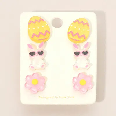Fashnzfab 3pairs - Easter Egg Bunny Flower Stud Earring Set Multi