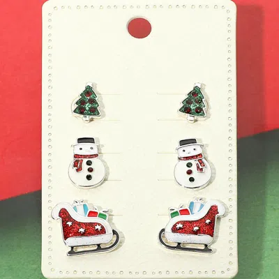 Fashnzfab 3pairs - Enamel Christmas Tree Snowman Sleigh Stud Earring Set In Multi
