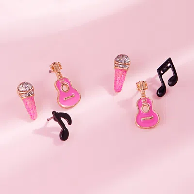 Fashnzfab 3pairs - Enamel Guitar Mic Music Note Stud Earring Set - Pink In Multi