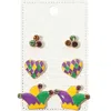 Fashnzfab 3pairs - Enamel Mardi Gras Heart Hat Stud Earring Set In Multi