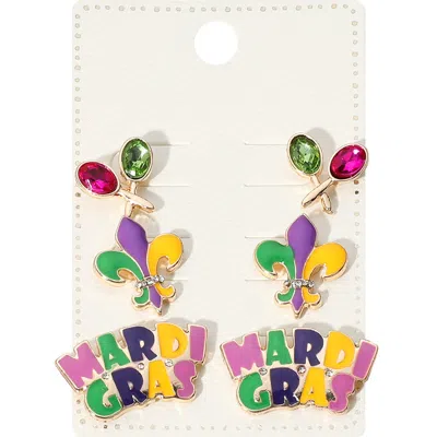 Fashnzfab 3pairs - Enamel Mardi Gras Message Fleur De Lis Stud Earrings Set In Multi