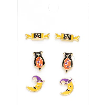 Fashnzfab 3pairs - Enamel Pumpkin Candy Owl Crescent Moon Stud Earrings In Multi