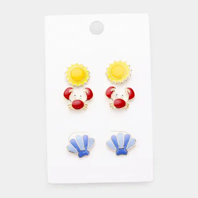 Fashnzfab 3pairs - Enamel Sun /crab /shell Stud Earrings In Multi