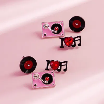 Fashnzfab 3pairs - Enamel Turn Table Music Stud Earring Set In Pink