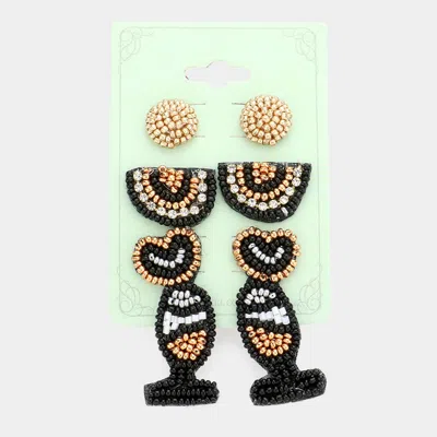 Fashnzfab 3pairs - Felt Back Seed Beaded Champagne Stud Earrings In Gold