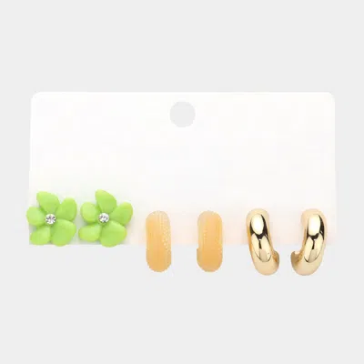 Fashnzfab 3pairs - Flower Stud Hoop Earrings Set - Green, Yellow In Multi