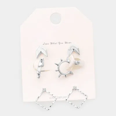 Fashnzfab 3pairs - Geometric Metal Sun Open Square Earrings In Multi