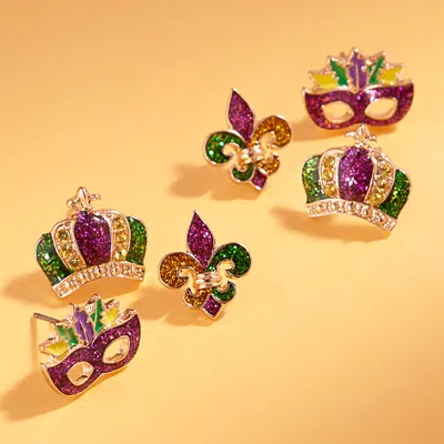 Fashnzfab 3pairs - Glitter Enamel Mardi Gras Crown Mask Fleur De Lis Stud Earring Set - Gold, Multi