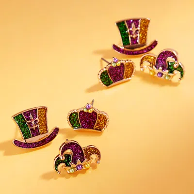 Fashnzfab 3pairs - Glitter Enamel Mardi Gras Jester Crown Hat Stud Earring Set - Gold, Multi